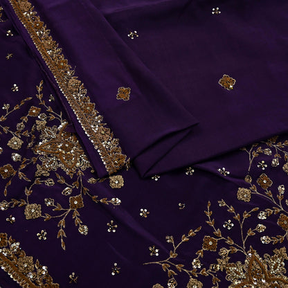 Indian Vintage Purple Saree Pure Crepe Silk Hand Embroidered Sari Craft Fabric 5Yd Sewing Soft Zardozi/Dabka Dress making