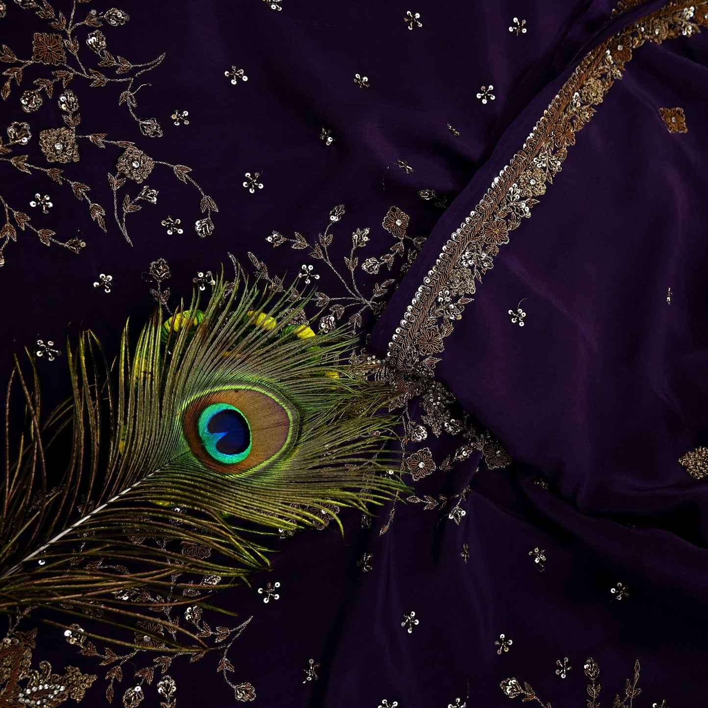 Indian Vintage Purple Saree Pure Crepe Silk Hand Embroidered Sari Craft Fabric 5Yd Sewing Soft Zardozi/Dabka Dress making