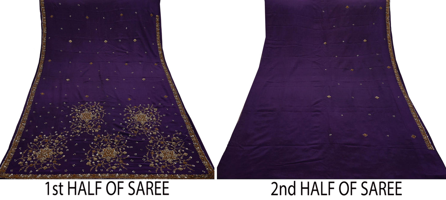 Indian Vintage Purple Saree Pure Crepe Silk Hand Embroidered Sari Craft Fabric 5Yd Sewing Soft Zardozi/Dabka Dress making