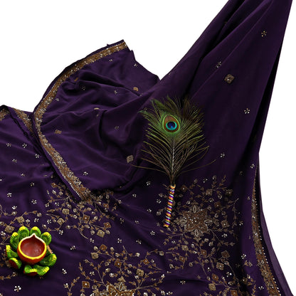 Indian Vintage Purple Saree Pure Crepe Silk Hand Embroidered Sari Craft Fabric 5Yd Sewing Soft Zardozi/Dabka Dress making