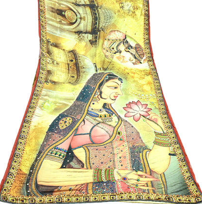 Indian Vintage Heavy Sari  Hand Embroidered Digital Saree 100% Pure Satin Silk Craft Fabric 5yd Soft Dress making Dress Designing Crafting