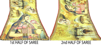 Indian Vintage Heavy Sari  Hand Embroidered Digital Saree 100% Pure Satin Silk Craft Fabric 5yd Soft Dress making Dress Designing Crafting