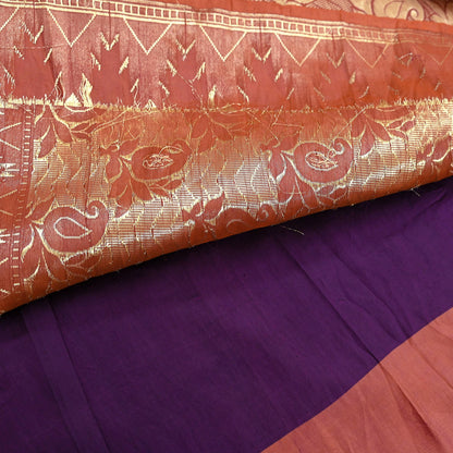 Indian Vintage Saree Purple & Brown Hand Woven Pure Silk Sari Craft Fabric 5Yd Ethnic Floral Golden Zari Dress making For Crafting Quilting