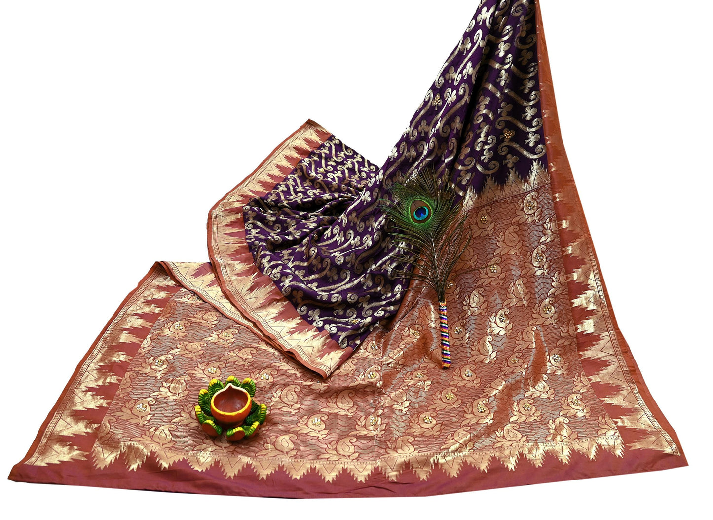 Indian Vintage Saree Purple & Brown Hand Woven Pure Silk Sari Craft Fabric 5Yd Ethnic Floral Golden Zari Dress making For Crafting Quilting