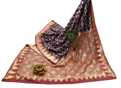 Indian Vintage Saree Purple & Brown Hand Woven Pure Silk Sari Craft Fabric 5Yd Ethnic Floral Golden Zari Dress making For Crafting Quilting