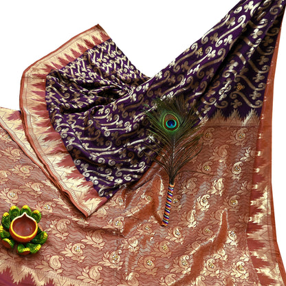 Indian Vintage Saree Purple & Brown Hand Woven Pure Silk Sari Craft Fabric 5Yd Ethnic Floral Golden Zari Dress making For Crafting Quilting