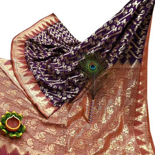 Indian Vintage Saree Purple & Brown Hand Woven Pure Silk Sari Craft Fabric 5Yd Ethnic Floral Golden Zari Dress making For Crafting Quilting