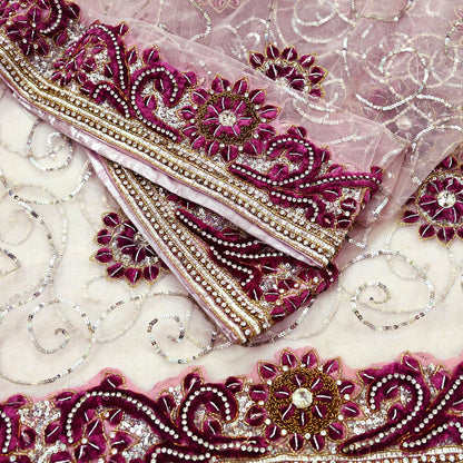 Indian Vintage Heavy Bridal Pink Dupatta Net Mesh Long Stole Hand Embroidered Scarves Silver Zardozi Dabka Zari Sequins Wedding veil