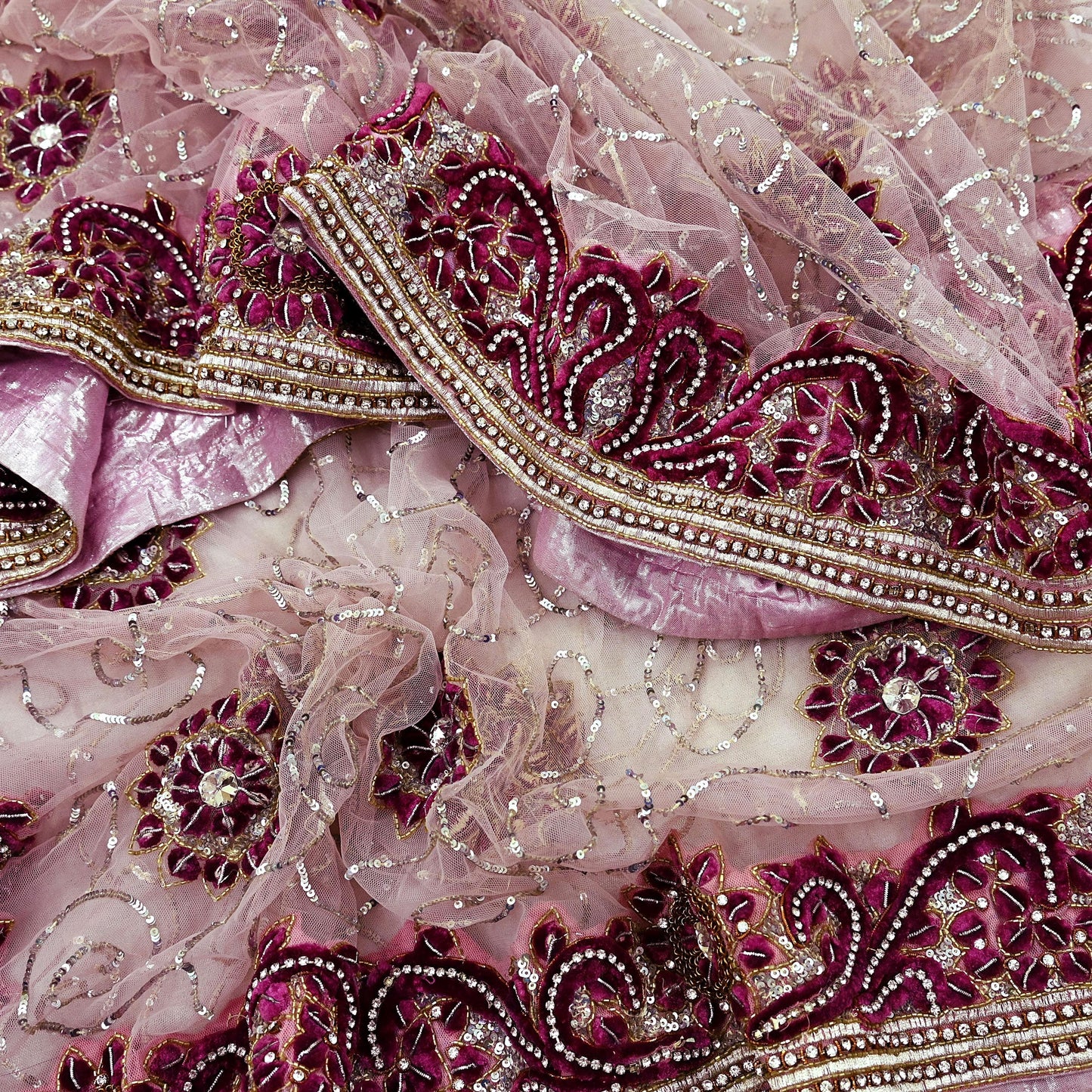 Indian Vintage Heavy Bridal Pink Dupatta Net Mesh Long Stole Hand Embroidered Scarves Silver Zardozi Dabka Zari Sequins Wedding veil