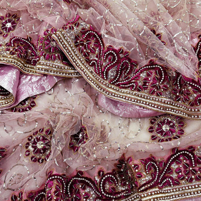 Indian Vintage Heavy Bridal Pink Dupatta Net Mesh Long Stole Hand Embroidered Scarves Silver Zardozi Dabka Zari Sequins Wedding veil
