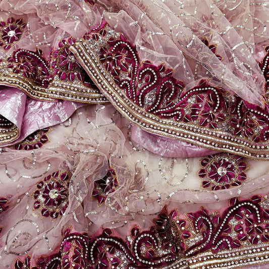 Indian Vintage Heavy Bridal Pink Dupatta Net Mesh Long Stole Hand Embroidered Scarves Silver Zardozi Dabka Zari Sequins Wedding veil