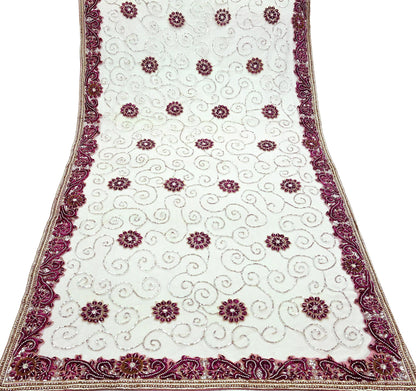 Indian Vintage Heavy Bridal Pink Dupatta Net Mesh Long Stole Hand Embroidered Scarves Silver Zardozi Dabka Zari Sequins Wedding veil