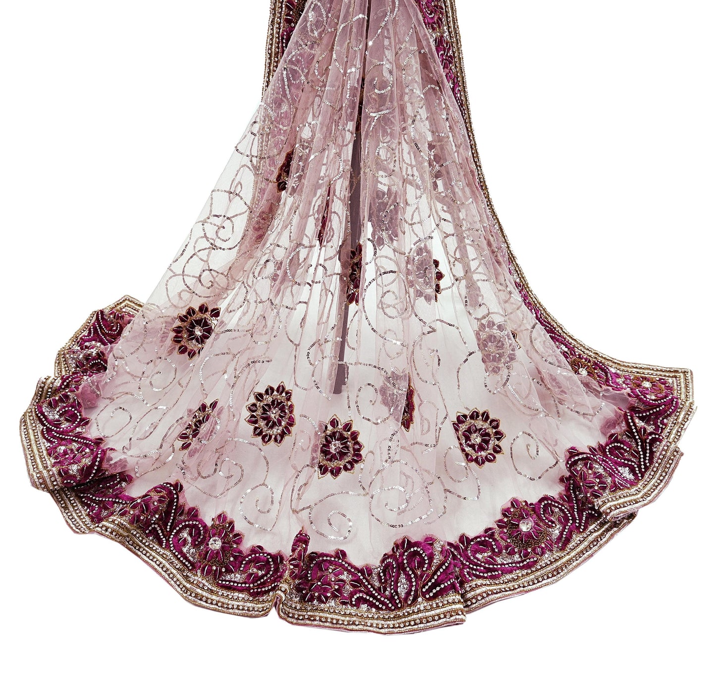 Indian Vintage Heavy Bridal Pink Dupatta Net Mesh Long Stole Hand Embroidered Scarves Silver Zardozi Dabka Zari Sequins Wedding veil