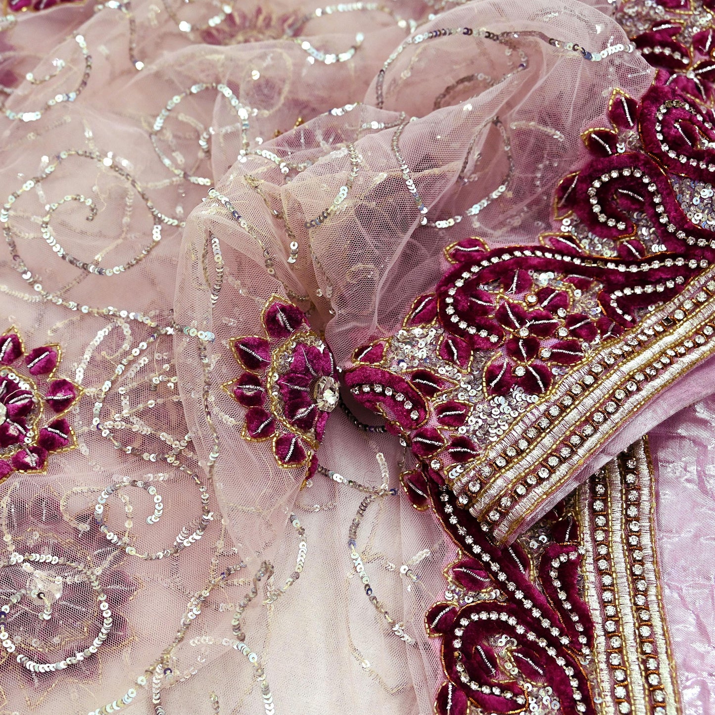 Indian Vintage Heavy Bridal Pink Dupatta Net Mesh Long Stole Hand Embroidered Scarves Silver Zardozi Dabka Zari Sequins Wedding veil