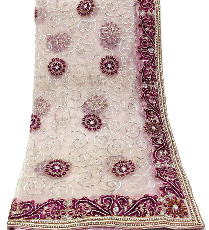 Indian Vintage Heavy Bridal Pink Dupatta Net Mesh Long Stole Hand Embroidered Scarves Silver Zardozi Dabka Zari Sequins Wedding veil