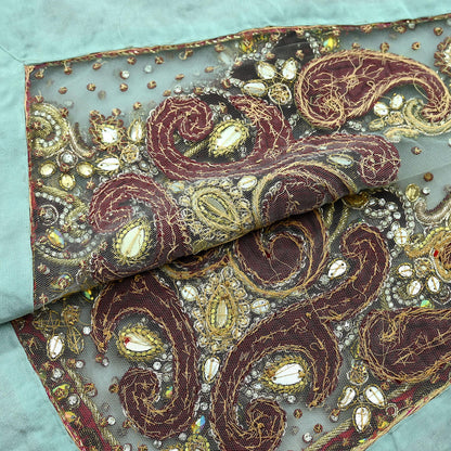 Indian Vintage Heavy Wedding Blue Dupatta Net Mesh Long Stole Hand Embroidered Scarves Zardozi Dabka Zari Bridal Wear