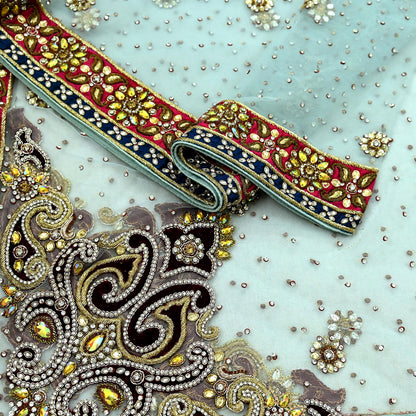 Indian Vintage Heavy Wedding Blue Dupatta Net Mesh Long Stole Hand Embroidered Scarves Zardozi Dabka Zari Bridal Wear