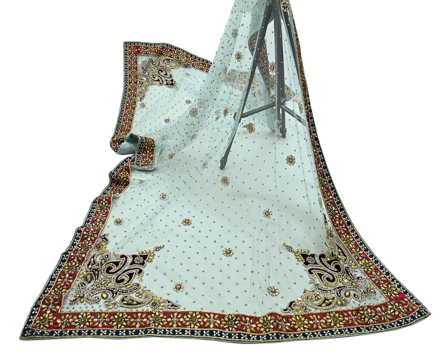 Indian Vintage Heavy Wedding Blue Dupatta Net Mesh Long Stole Hand Embroidered Scarves Zardozi Dabka Zari Bridal Wear