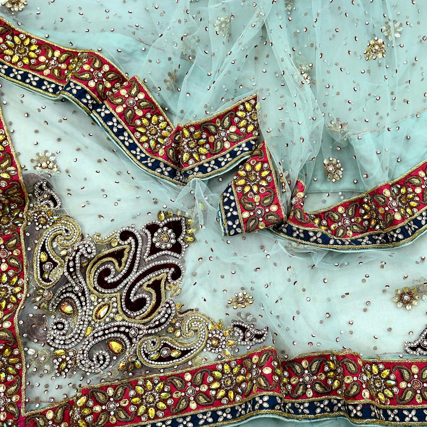 Indian Vintage Heavy Wedding Blue Dupatta Net Mesh Long Stole Hand Embroidered Scarves Zardozi Dabka Zari Bridal Wear