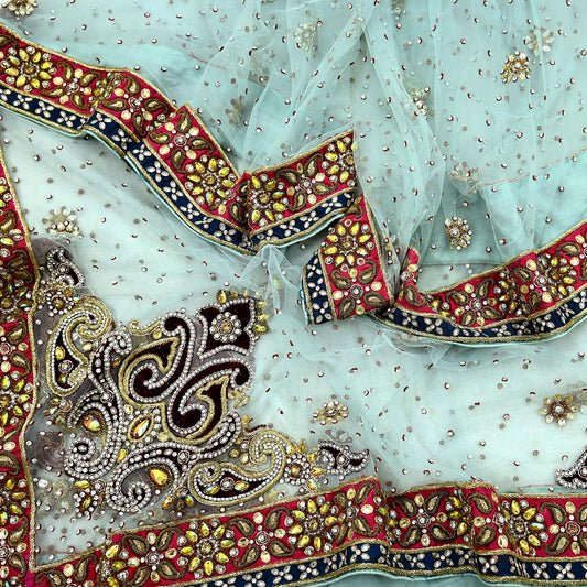 Indian Vintage Heavy Wedding Blue Dupatta Net Mesh Long Stole Hand Embroidered Scarves Zardozi Dabka Zari Bridal Wear