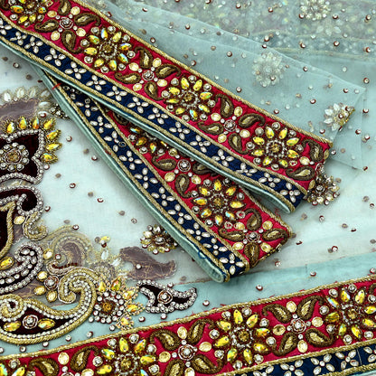 Indian Vintage Heavy Wedding Blue Dupatta Net Mesh Long Stole Hand Embroidered Scarves Zardozi Dabka Zari Bridal Wear