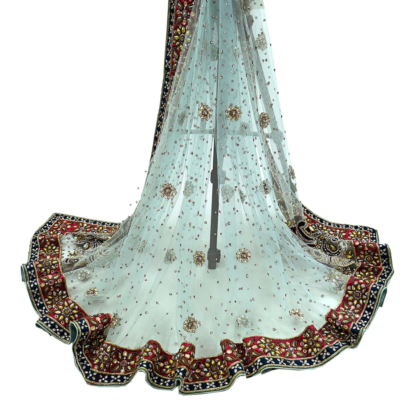 Indian Vintage Heavy Wedding Blue Dupatta Net Mesh Long Stole Hand Embroidered Scarves Zardozi Dabka Zari Bridal Wear