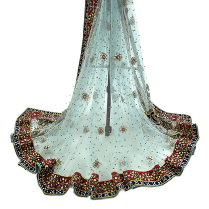 Indian Vintage Heavy Wedding Blue Dupatta Net Mesh Long Stole Hand Embroidered Scarves Zardozi Dabka Zari Bridal Wear