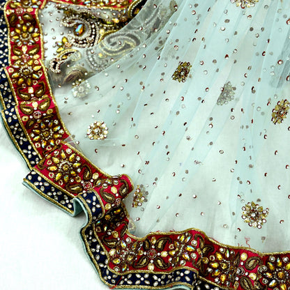 Indian Vintage Heavy Wedding Blue Dupatta Net Mesh Long Stole Hand Embroidered Scarves Zardozi Dabka Zari Bridal Wear