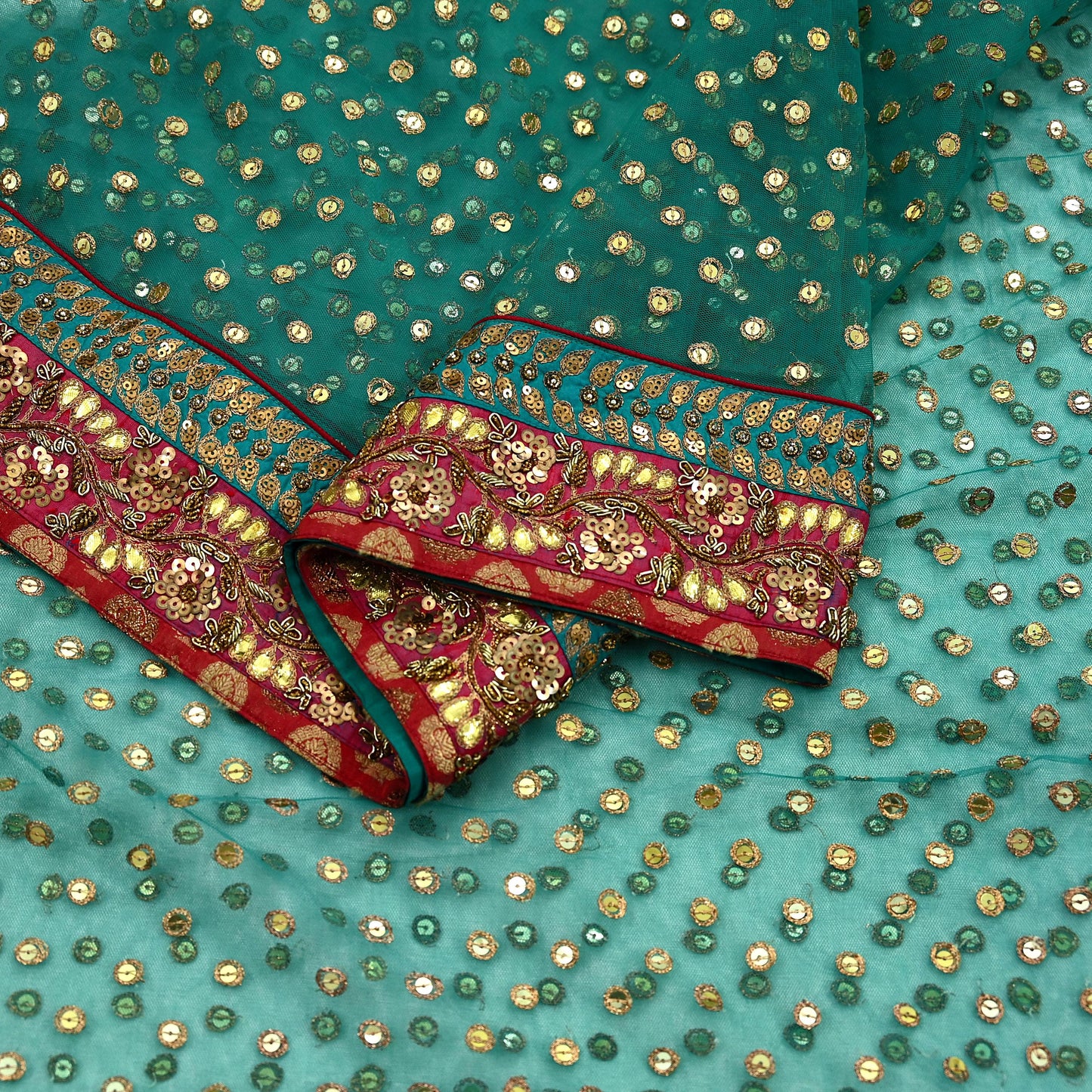 Indian Vintage Heavy Bridal Dupatta Green Net Mesh Long Stole Hand Embroidered Scarf Zardozi Zari Sequins Wedding/Party wear hijab veil