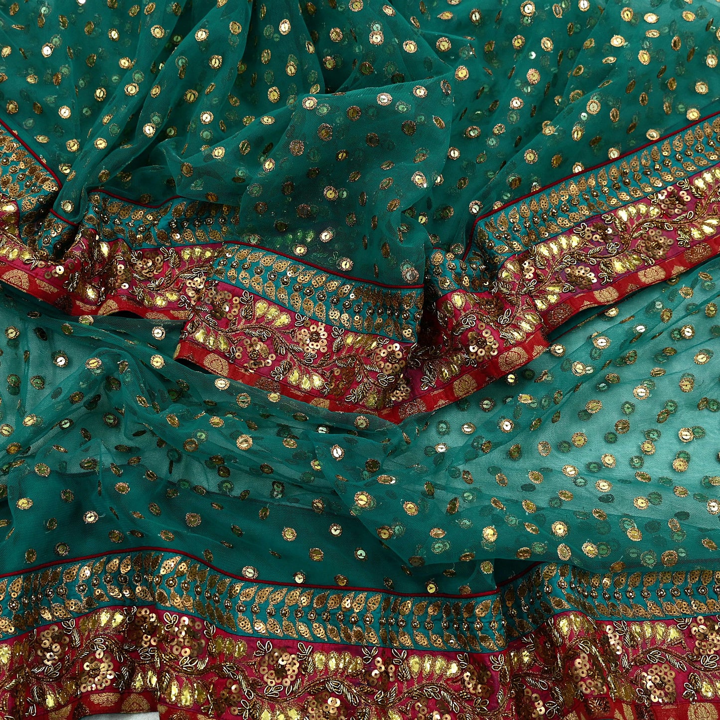 Indian Vintage Heavy Bridal Dupatta Green Net Mesh Long Stole Hand Embroidered Scarf Zardozi Zari Sequins Wedding/Party wear hijab veil