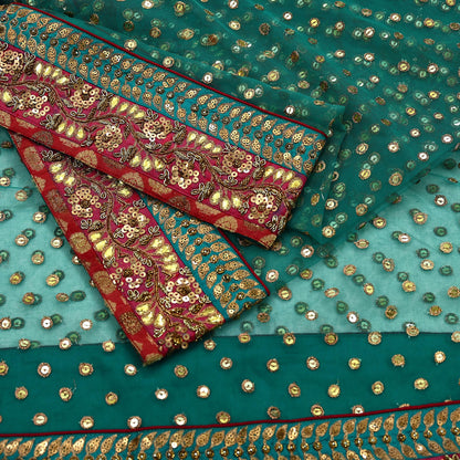 Indian Vintage Heavy Bridal Dupatta Green Net Mesh Long Stole Hand Embroidered Scarf Zardozi Zari Sequins Wedding/Party wear hijab veil