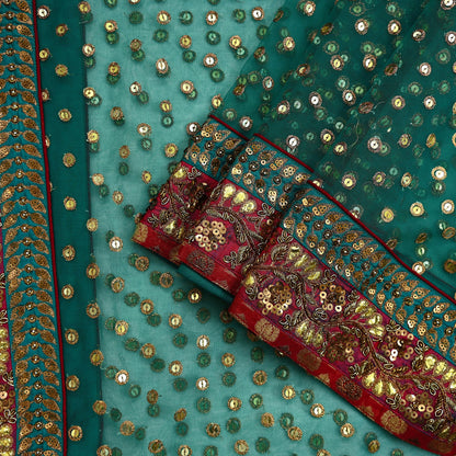 Indian Vintage Heavy Bridal Dupatta Green Net Mesh Long Stole Hand Embroidered Scarf Zardozi Zari Sequins Wedding/Party wear hijab veil