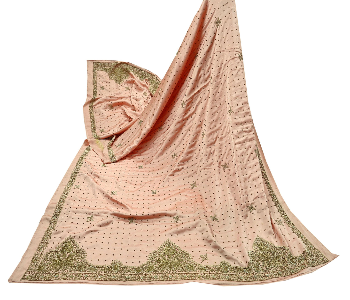 Indian Vintage Heavy Wedding Peach Dupatta Pure Satin Silk Long Stole Hand Embroidered Scarves Golden Zardozi Stole