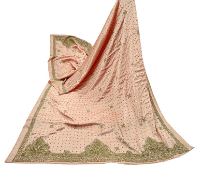 Indian Vintage Heavy Wedding Peach Dupatta Pure Satin Silk Long Stole Hand Embroidered Scarves Golden Zardozi Stole