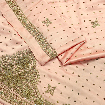 Indian Vintage Heavy Wedding Peach Dupatta Pure Satin Silk Long Stole Hand Embroidered Scarves Golden Zardozi Stole