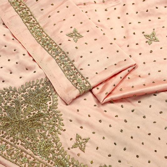 Indian Vintage Heavy Wedding Peach Dupatta Pure Satin Silk Long Stole Hand Embroidered Scarves Golden Zardozi Stole