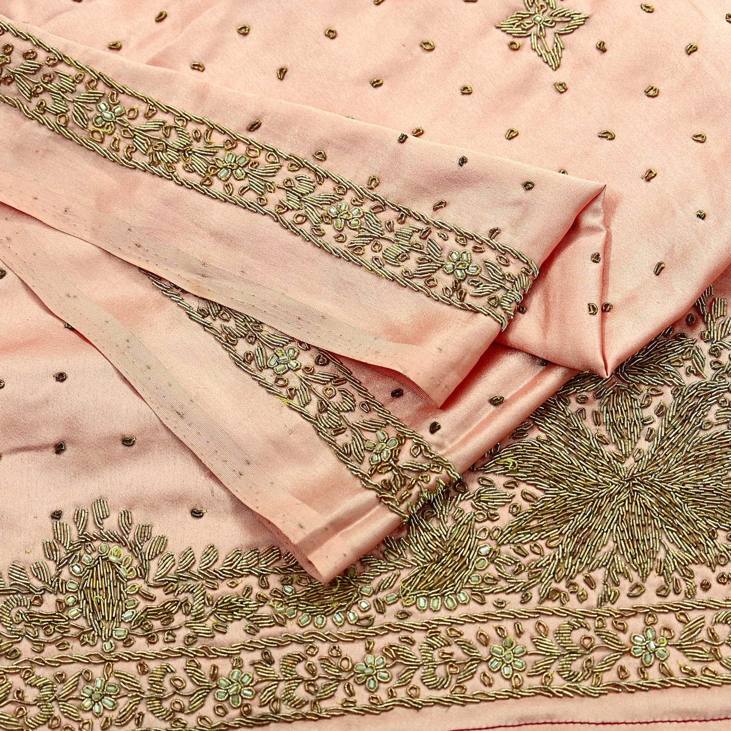 Indian Vintage Heavy Wedding Peach Dupatta Pure Satin Silk Long Stole Hand Embroidered Scarves Golden Zardozi Stole