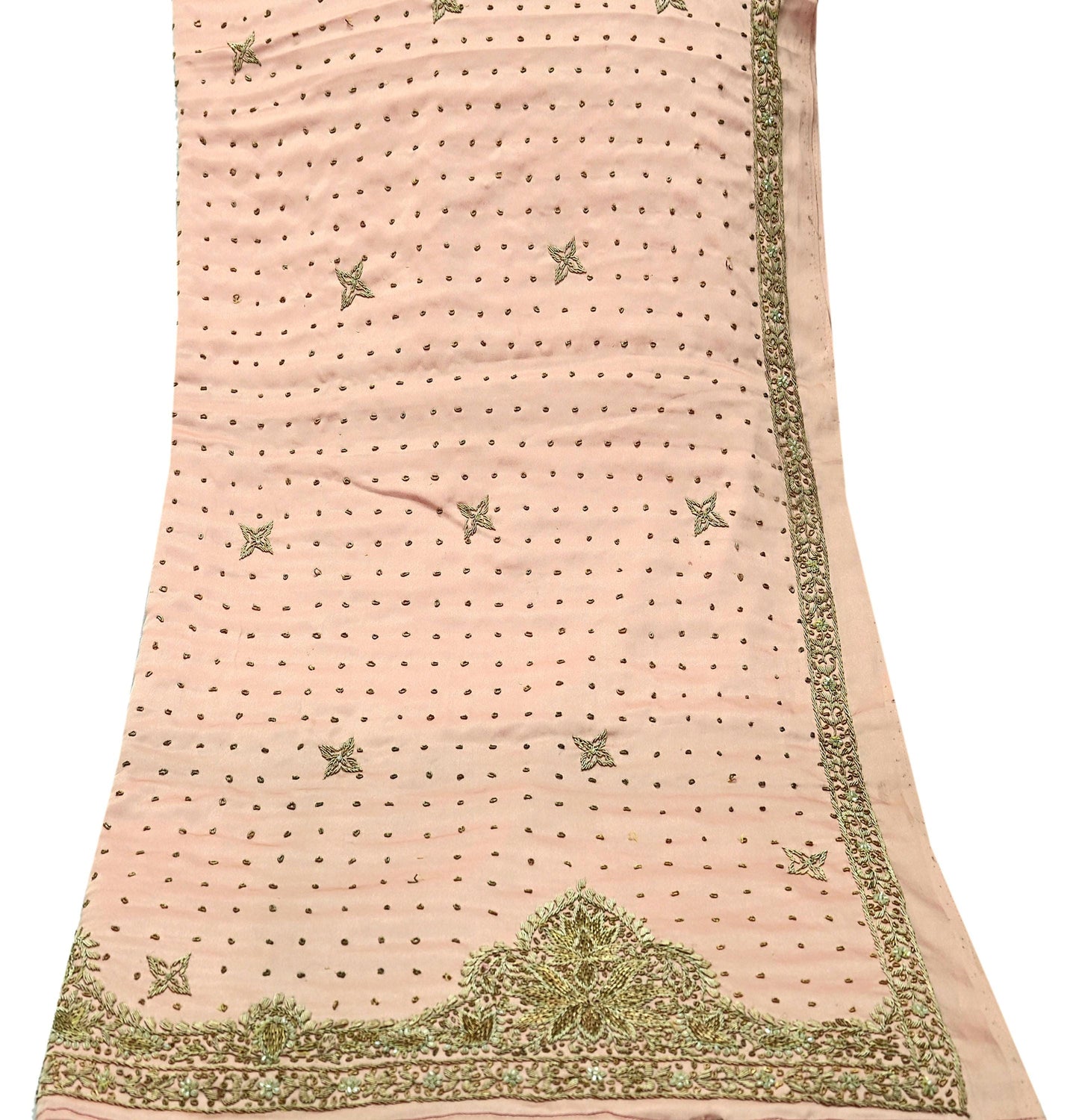 Indian Vintage Heavy Wedding Peach Dupatta Pure Satin Silk Long Stole Hand Embroidered Scarves Golden Zardozi Stole