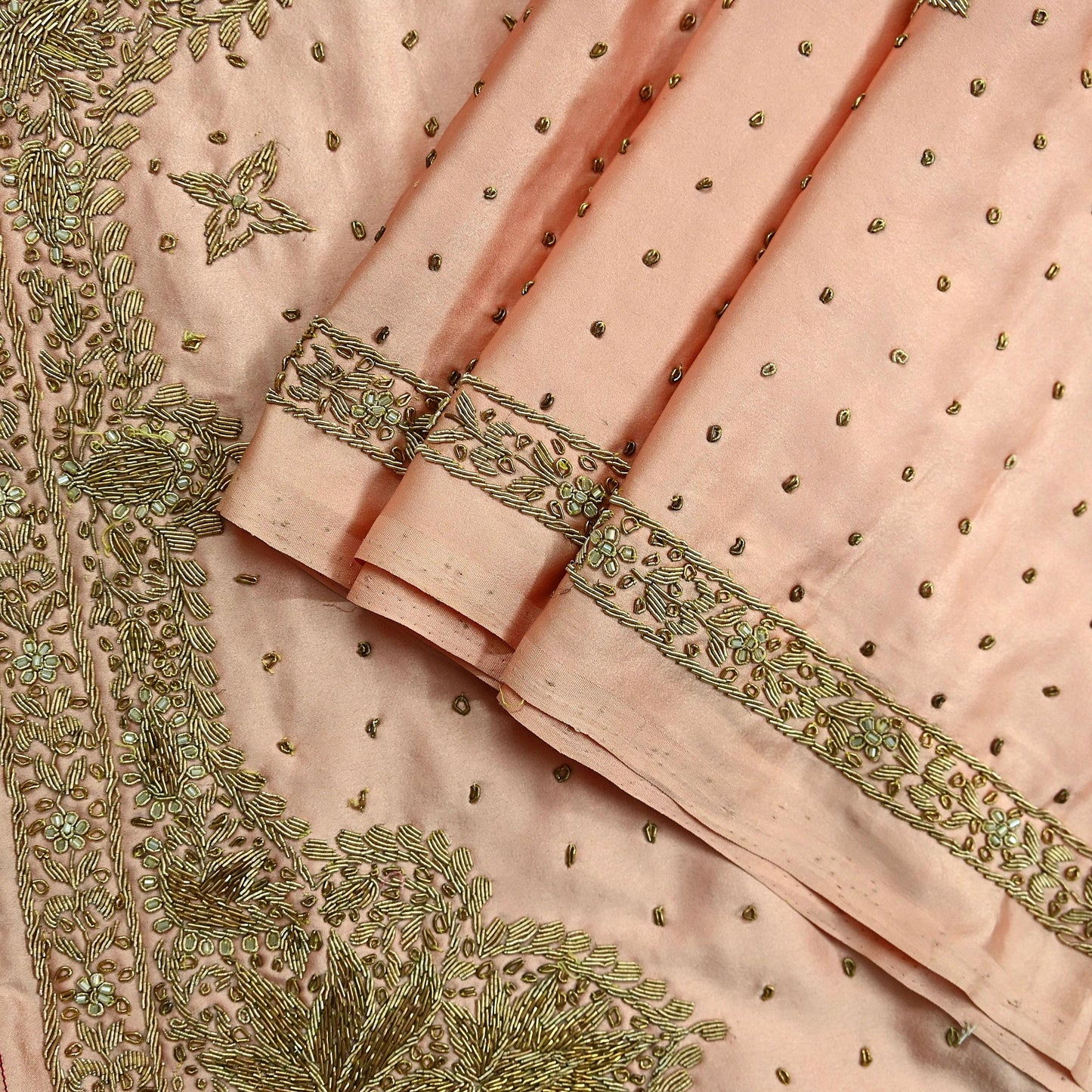 Indian Vintage Heavy Wedding Peach Dupatta Pure Satin Silk Long Stole Hand Embroidered Scarves Golden Zardozi Stole