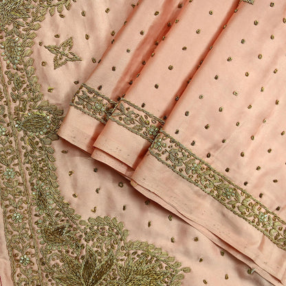 Indian Vintage Heavy Wedding Peach Dupatta Pure Satin Silk Long Stole Hand Embroidered Scarves Golden Zardozi Stole