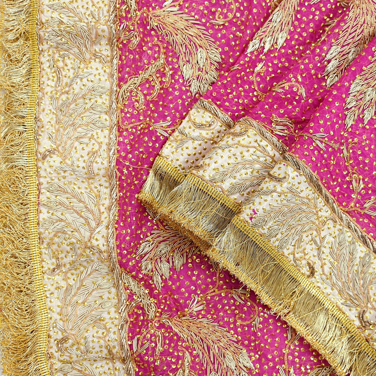 Indian Vintage Heavy Bridal Dupatta Pink Pure Chiffon Silk Long Stole Hand Embroidered Hijab Scarf Zardozi/Dabka Zari 1980s Wedding Dupatta