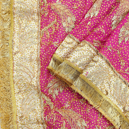 Indian Vintage Heavy Bridal Dupatta Pink Pure Chiffon Silk Long Stole Hand Embroidered Hijab Scarf Zardozi/Dabka Zari 1980s Wedding Dupatta