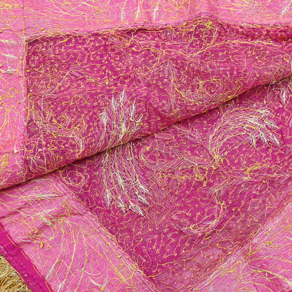 Indian Vintage Heavy Bridal Dupatta Pink Pure Chiffon Silk Long Stole Hand Embroidered Hijab Scarf Zardozi/Dabka Zari 1980s Wedding Dupatta