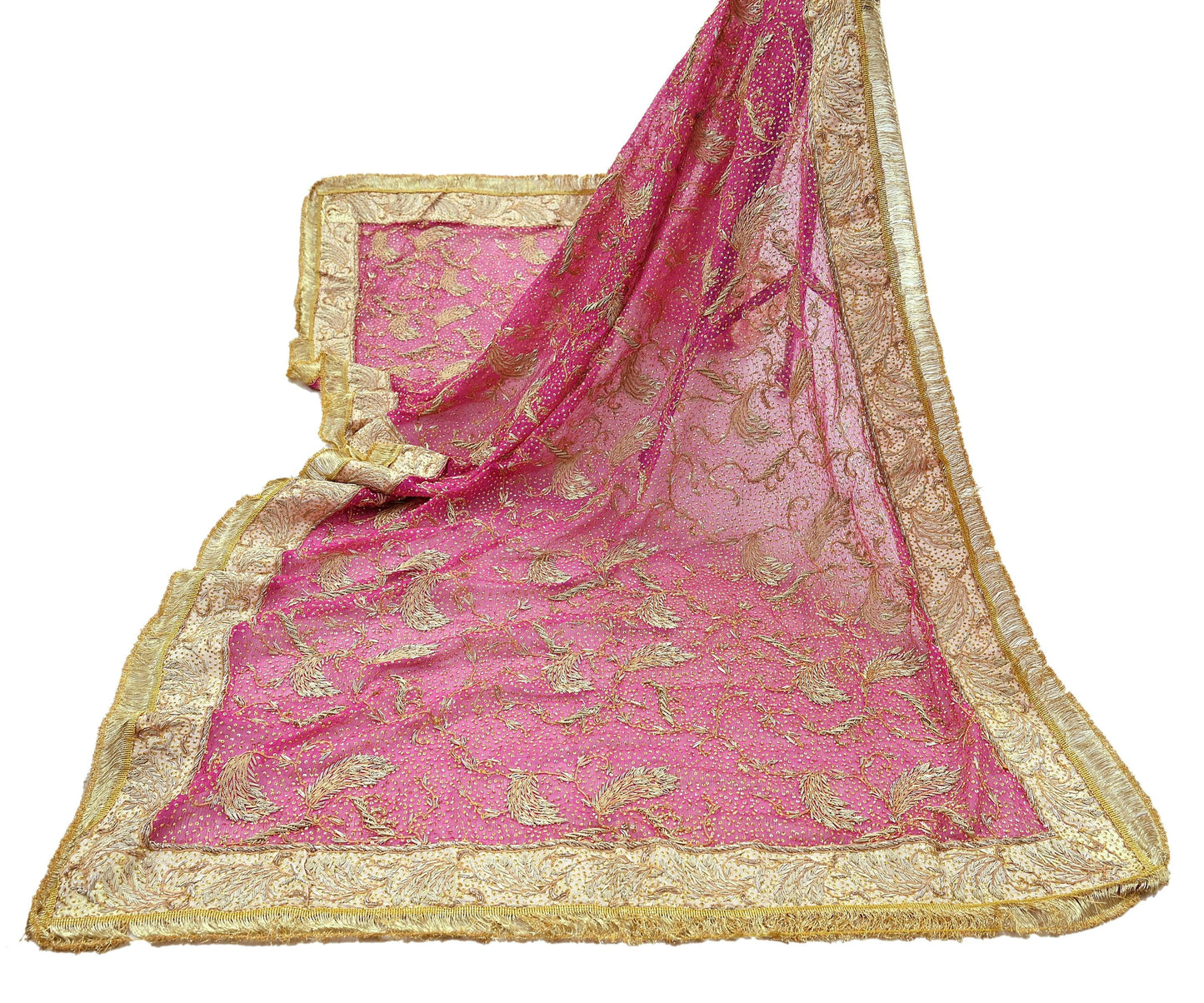 Indian Vintage Heavy Bridal Dupatta Pink Pure Chiffon Silk Long Stole Hand Embroidered Hijab Scarf Zardozi/Dabka Zari 1980s Wedding Dupatta