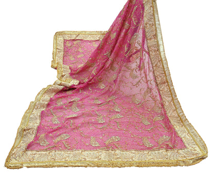 Indian Vintage Heavy Bridal Dupatta Pink Pure Chiffon Silk Long Stole Hand Embroidered Hijab Scarf Zardozi/Dabka Zari 1980s Wedding Dupatta