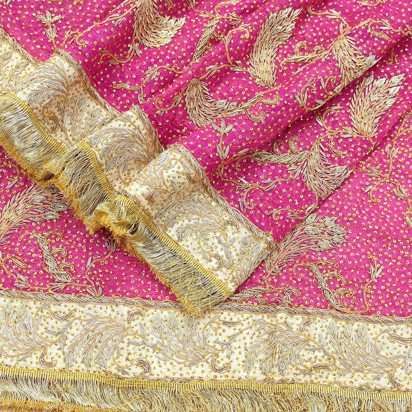 Indian Vintage Heavy Bridal Dupatta Pink Pure Chiffon Silk Long Stole Hand Embroidered Hijab Scarf Zardozi/Dabka Zari 1980s Wedding Dupatta