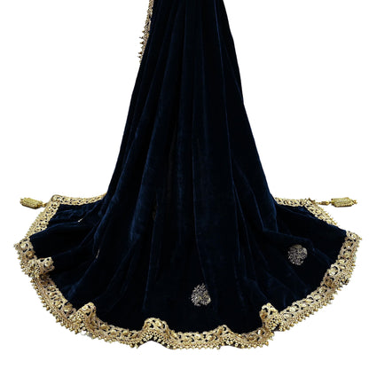 Indian Vintage Heavy Wedding Blue Dupatta Velvet Long Stole Hand Embroidered Scarves Zari Hijab Veil Wrap Bridal Dupatta Paisley
