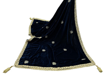 Indian Vintage Heavy Wedding Blue Dupatta Velvet Long Stole Hand Embroidered Scarves Zari Hijab Veil Wrap Bridal Dupatta Paisley
