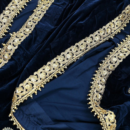 Indian Vintage Heavy Wedding Blue Dupatta Velvet Long Stole Hand Embroidered Scarves Zari Hijab Veil Wrap Bridal Dupatta Paisley