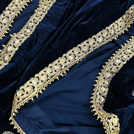 Indian Vintage Heavy Wedding Blue Dupatta Velvet Long Stole Hand Embroidered Scarves Zari Hijab Veil Wrap Bridal Dupatta Paisley